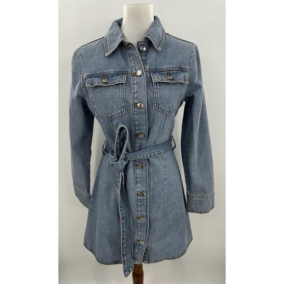 ZARA Denim Shirt Dress Blue Belted Long Sleeve Mini Dress 100% Cotton Women M - Picture 4 of 8